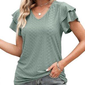 NWT Ruffle Sleeve Eyelet V Neck Casual T-Shirt Sage Green Small